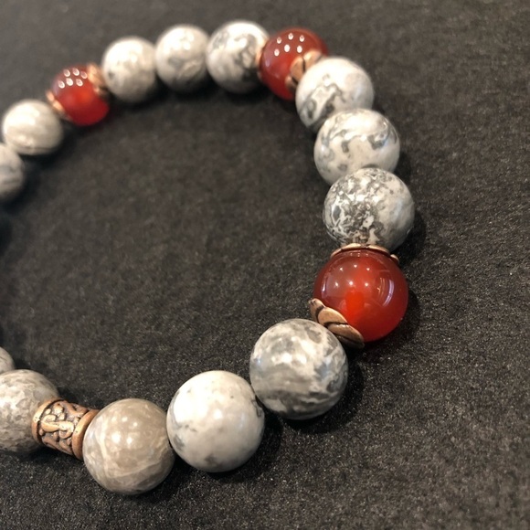 FOSSIL MAP JASPER & CARNELIAN Stone beads stretch bracelet with copper spacers. - Picture 4 of 4